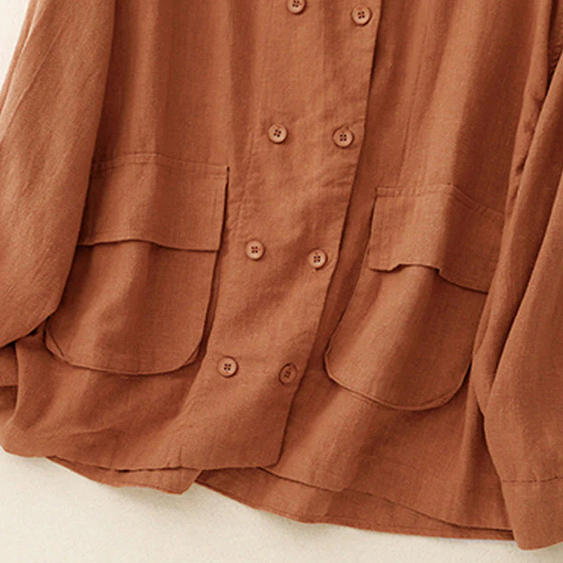 Buddha Stones Double‑Breasted Design Long Sleeve Women's Cotton Jacket With Pockets