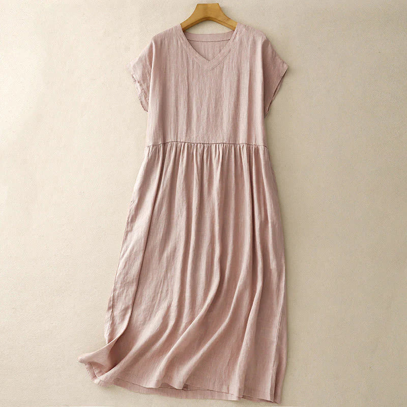 Buddha Stones Casual Artistic Solid Color Simple Design High Waist Short Sleeve Cotton Linen Midi Dress With Pockets