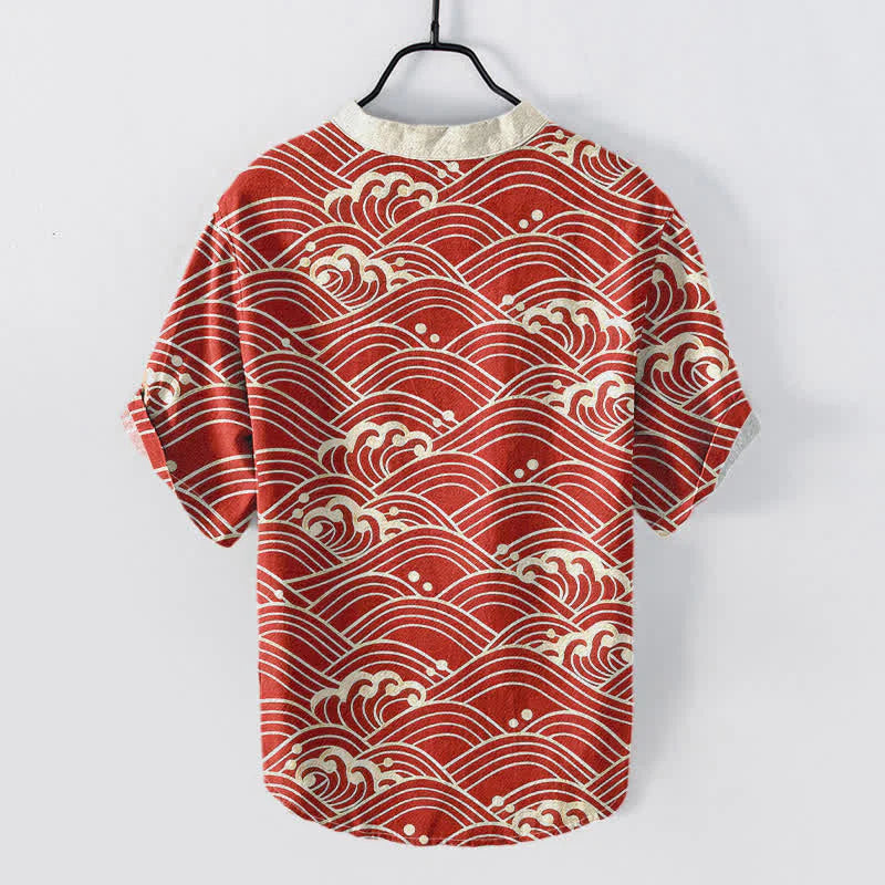 Buddha Stones Cotton Wave Emblem Men's Short Sleeve Half Button Shirt