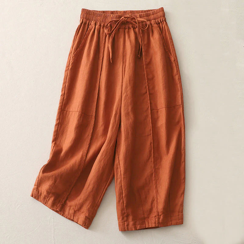 Buddha Stones Casual Plain Solid Color Patchwork Women's Polyester 7-8 Length Wide Leg Pants With Pockets