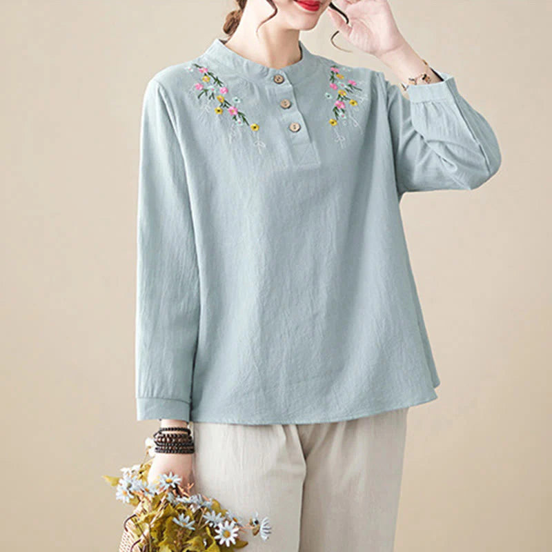 Buddha Stones Women's Spring Embroidered Flower Pattern Stand Collar Long Sleeve Cotton Shirt