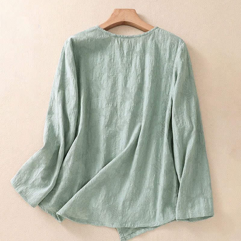 Buddha Stones Jacquard Irregular Hem Pleated Design Women's Cotton Long Sleeve Shirt