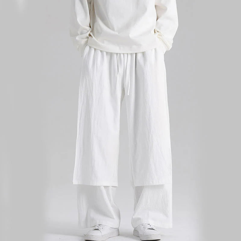 Buddha Stones Plain Patchwork Design Men's Cotton Pants With Pockets