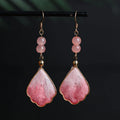 Buddha Stones Silk Art Handmade Pink Velvet Good Fortune Protection Drop Hook Earrings