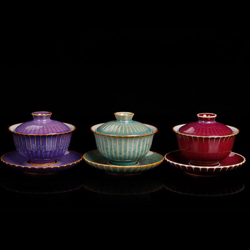 Buddha Stones Retro Glaze Kiln Change Ceramic Gaiwan Sancai Teacup Kung Fu Tea Cup And Saucer With Lid