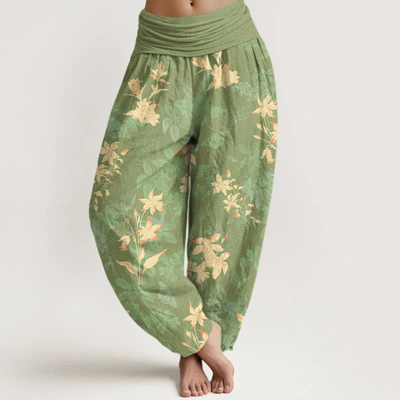 Buddha Stones Cotton Fresh Refined Flower Leaf Pattern Women's Elastic Waist Harem Pants