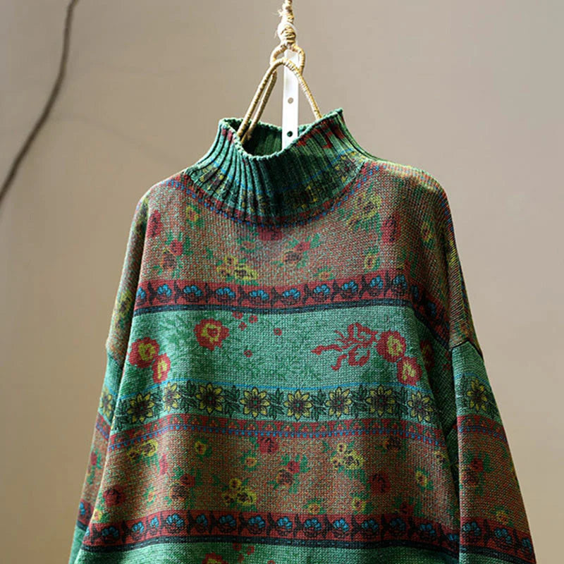 Buddha Stones Winter Color-block Flower Pattern Mock Neck Long Sleeve Women's Cotton Sweater
