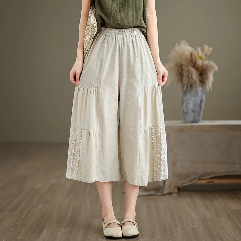 Buddha Stones Casual Plain Lace Splicing Cotton Linen Women's Cropped Wide Leg Pants With Pockets