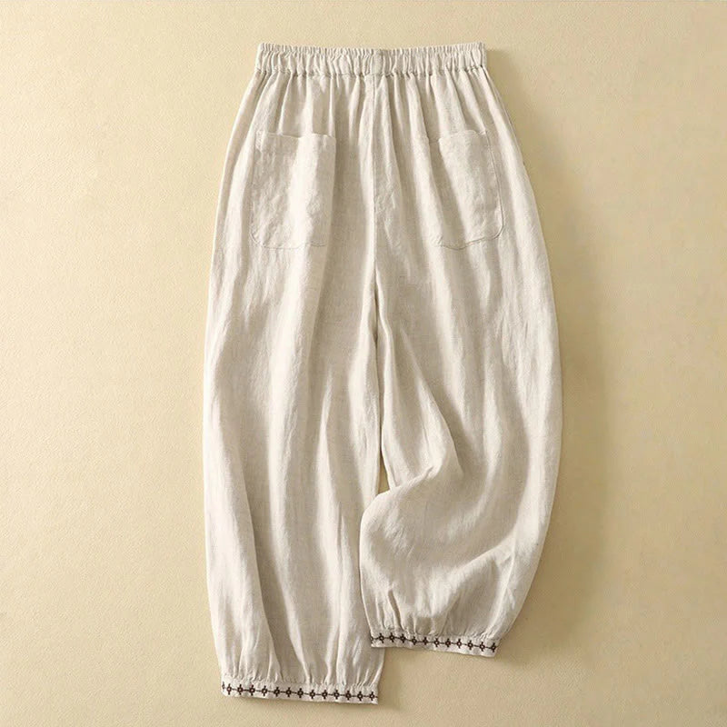 Buddha Stones Casual Retro Drawstring Embroidery Design Women's Cotton Linen 7-8 Length Pants With Pockets