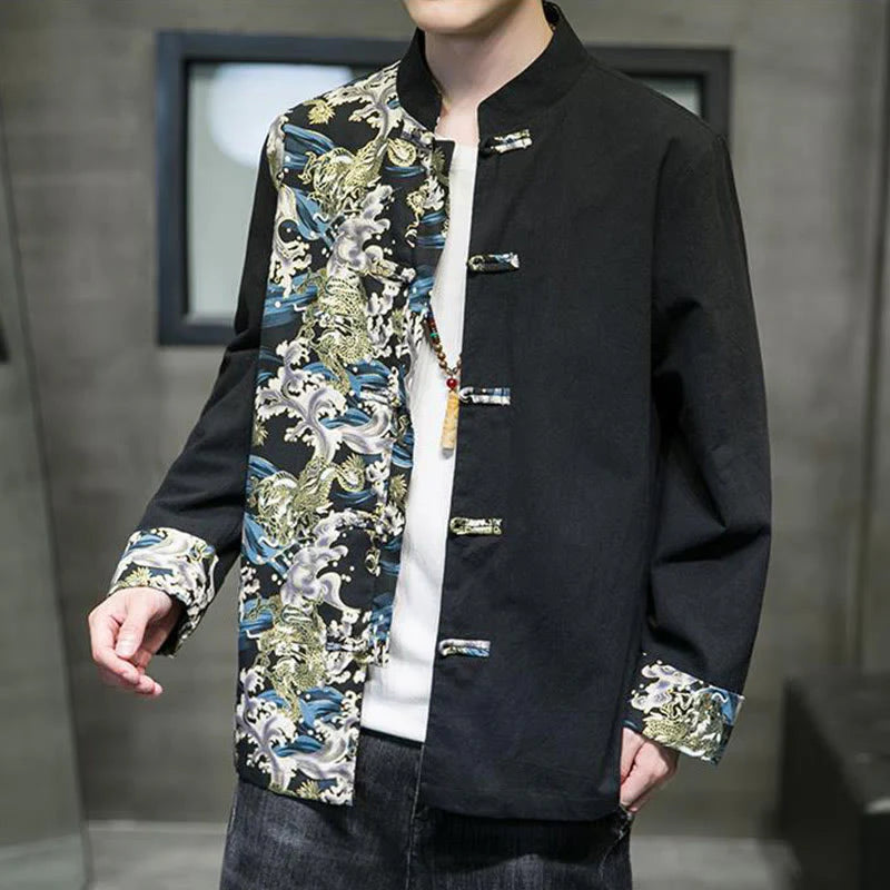 Buddha Stones Printed Color Contrast Dragon Pattern Frog-button Long Sleeve Men's Cotton Jacket