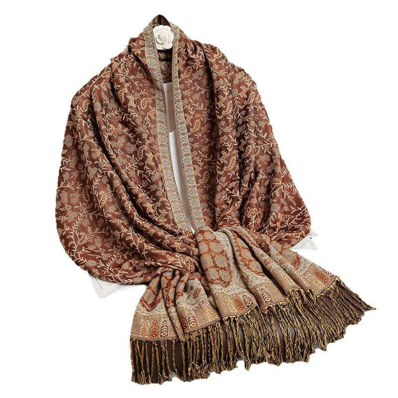 Buddha Stones Tibetan Jacquard Paisley Flower Pattern Color Contrast Design Tassel Cozy Scarf Shawl