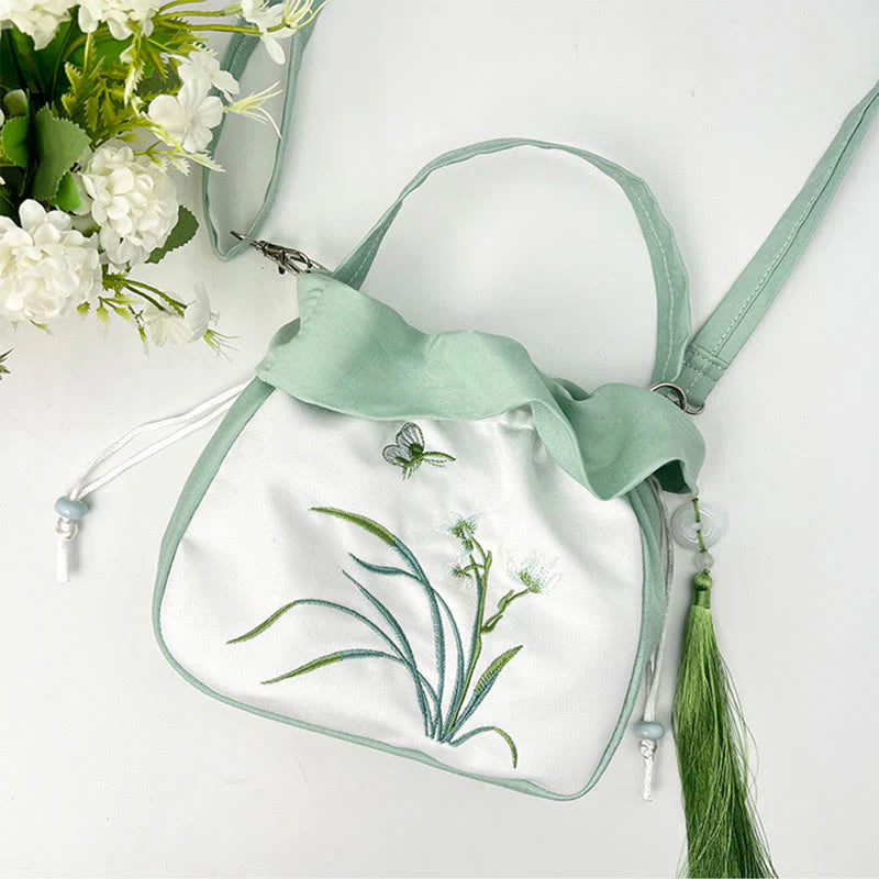 Buddha Stones Suzhou Embroidery Camellia Magnolia Peony Lotus Silk Tote Crossbody Bag Shoulder Bag Handbag
