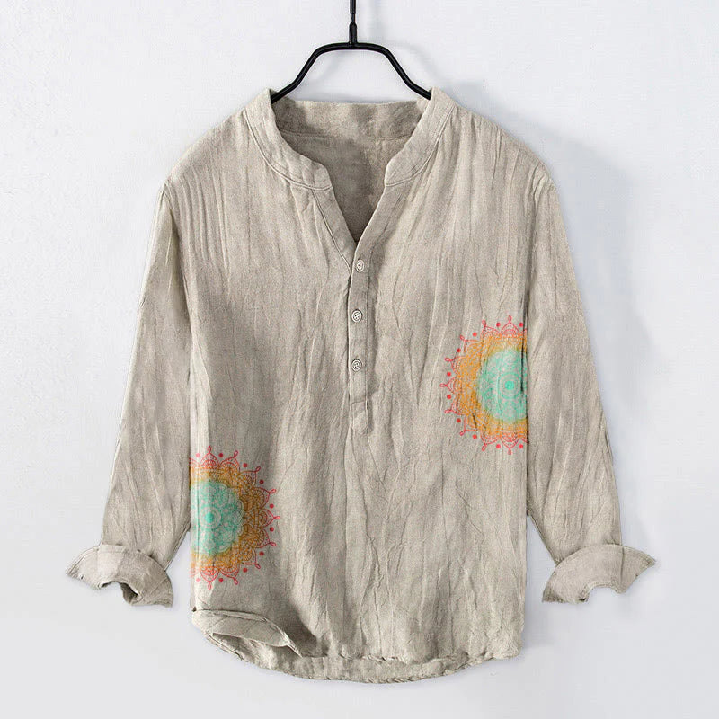Buddha Stones Colorful Mandala Pattern Half Buttons Men's Cotton Linen Long Sleeve Shirt