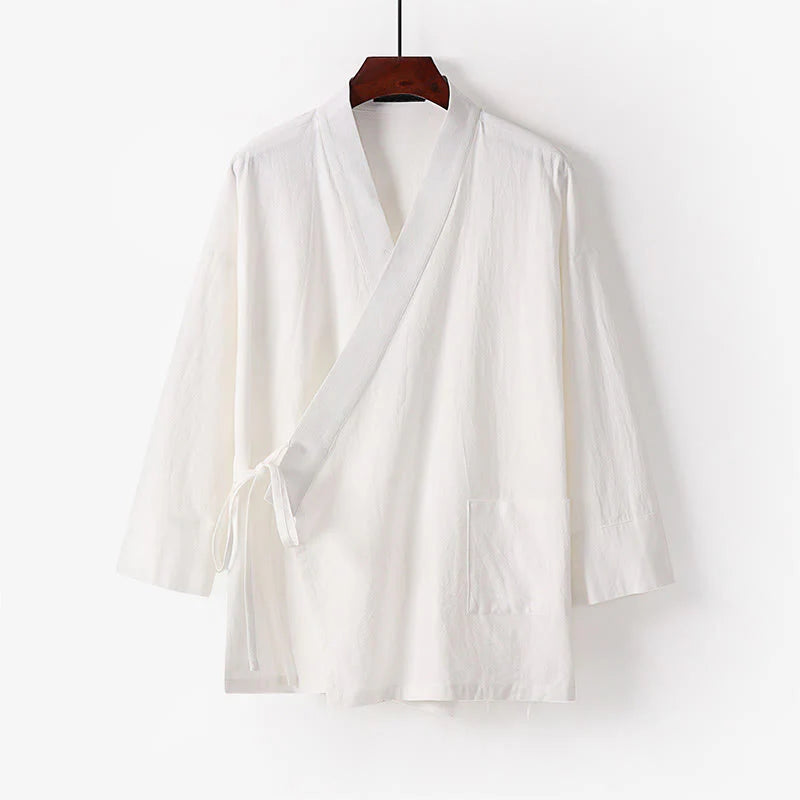 Buddha Stones 2Pcs Fall Lace-up Cotton Kimono Ankle-Length Wide Leg Pants With Pockets Men's Meditation Cloth Set