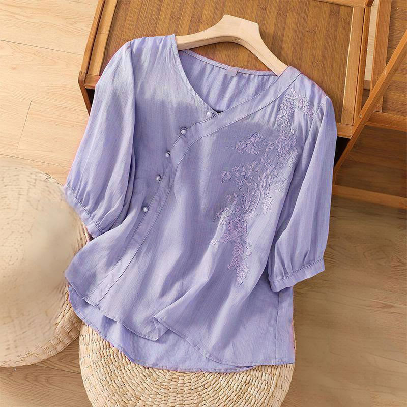 Buddha Stones Casual Loose Flower Embroidery Frog Button Short Sleeve Women's Shirt