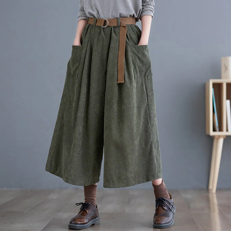 Buddha Stones Retro Women's Wide Leg 7-8 Length Corduroy Pants With Pockets Belt