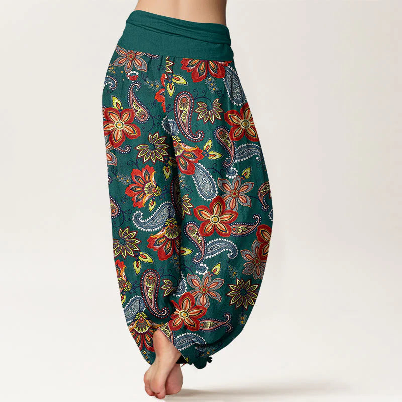 Buddha Stones Women's Elastic Waist Paisley Floral Pattern Pure Cotton Harem Pants