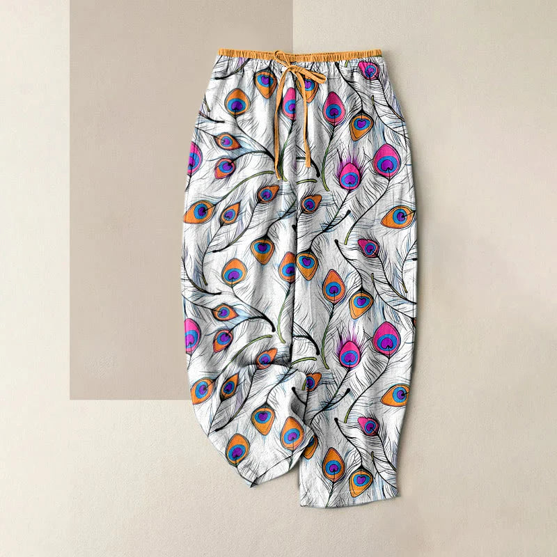 Buddha Stones Pure Cotton Peacock Heart Pattern Women's Elastic Waist Pants With Pockets