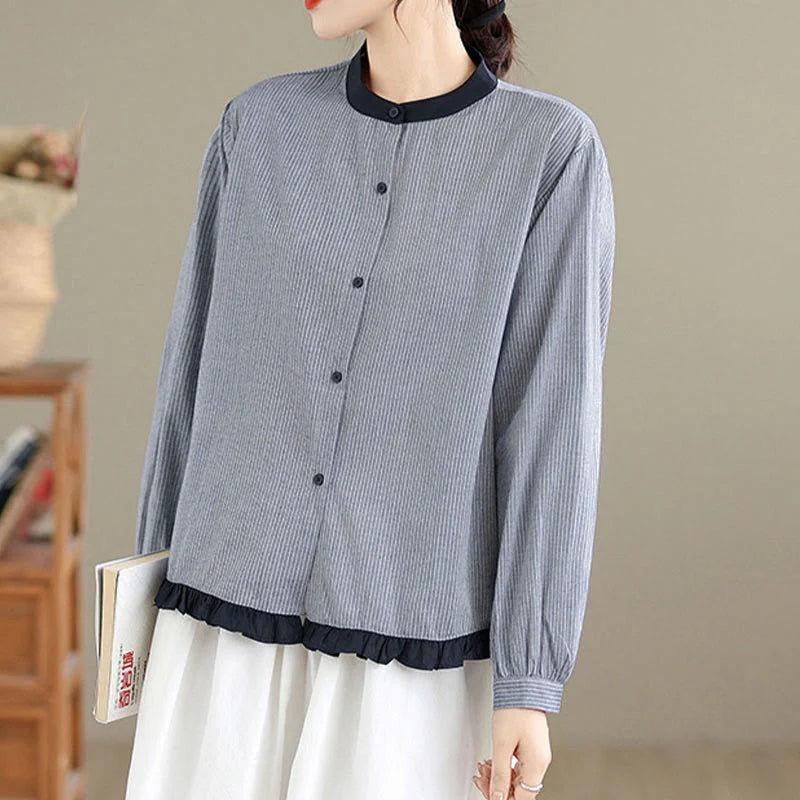 Buddha Stones Fall Plaid Striped Pattern Ruffled Hem Buttons Women's Cotton Long Sleeve Shirt