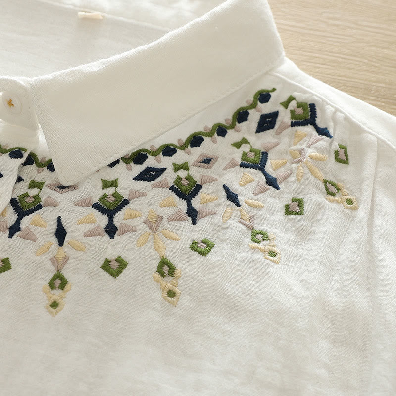 Buddha Stones Fall White Geometric Embroidery Buttons Women's Cotton Long Sleeve Shirt