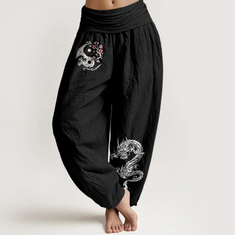 Buddha Stones Dragon Yin Yang Waves Flower Pattern Pure Cotton Women's Elastic Waist Harem Pants