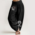 Buddha Stones Dragon Yin Yang Waves Flower Pattern Pure Cotton Women's Elastic Waist Harem Pants