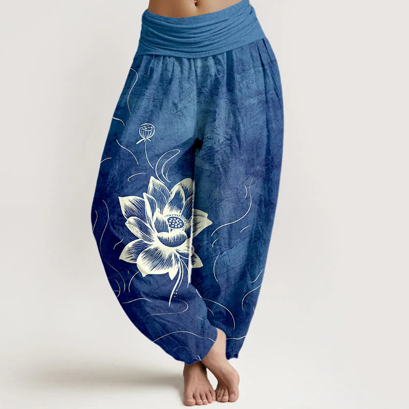 Buddha Stones Pure Cotton Lotus Flower Pattern Women's Elastic Waist Harem Pants