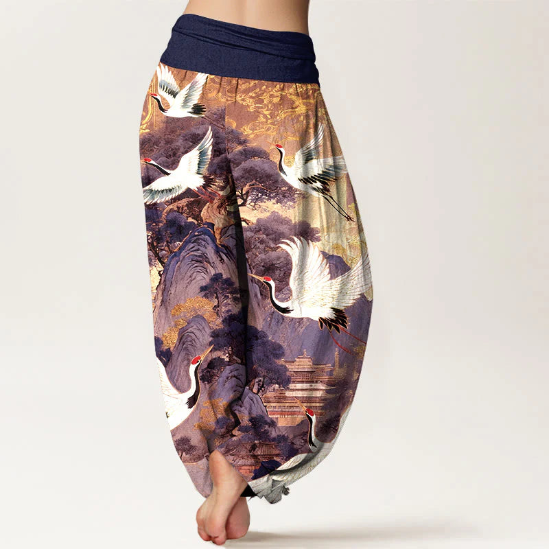 Buddha Stones Pure Cotton Gorgeous Crane Mountain Pine Tree Pattern Women's Elastic Waist Harem Pants