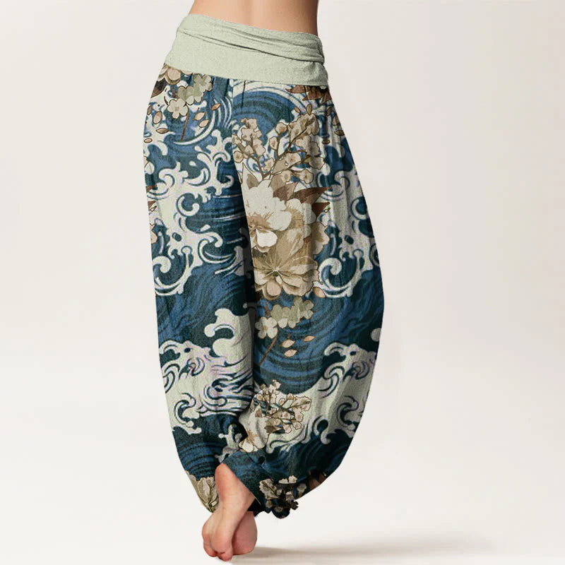 Buddha Stones Cotton Casual Wave And Floral Pattern Women's Elastic Waist Harem Pants
