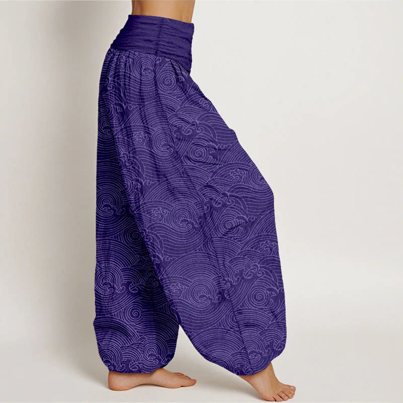 Buddha Stones Pure Cotton Fu Character Ocean Waves Women's Elastic Waist Harem Pants