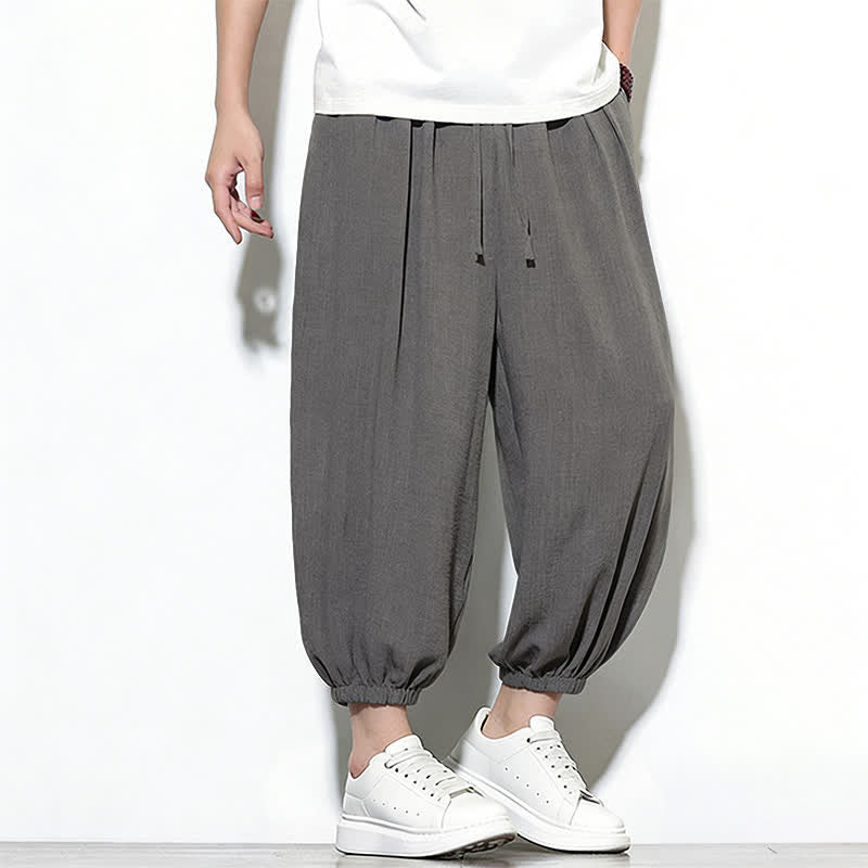 Buddha Stones Spring Solid Color Drawstring Elastic Design Men's Harem Capri Pants