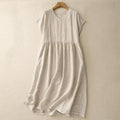 Buddha Stones Casual Artistic Solid Color Simple Design High Waist Short Sleeve Cotton Linen Midi Dress With Pockets