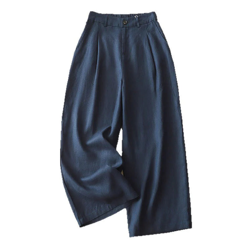 Buddha Stones Women's Fall Commute Solid Color Zipper Design Cotton Wide Leg Pants With Pockets