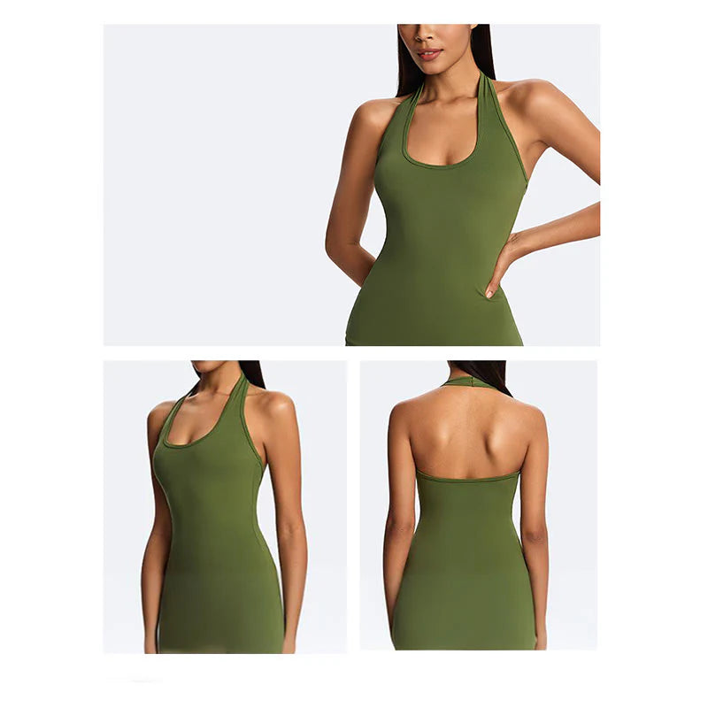 Buddha Stones Solid Crop Halter Backless Sleeveless Top Straight Leg Pants For Sports Fitness Yoga