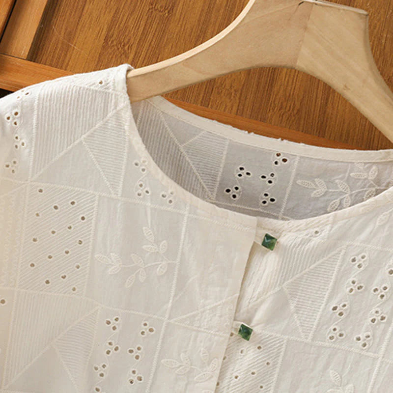 Buddha Stones Casual Embroidery Hollow Cotton Polyester Half Sleeve Women's Crew Neck Shirt