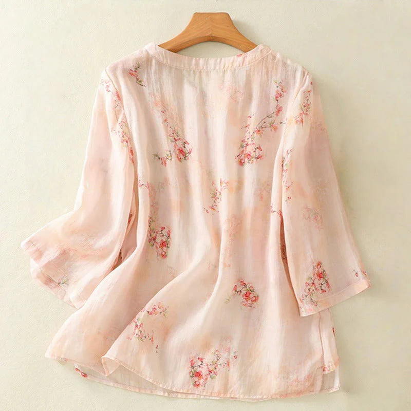 Buddha Stones Plant Printed Crew Neck Frog Button Design Women's Polyester Three Quarter Sleeve Shirt