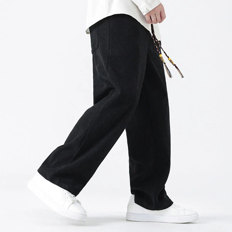 Buddha Stones Fall Solid Frog-Button Men's Drawstring Corduroy Straight Leg Pants With Pockets