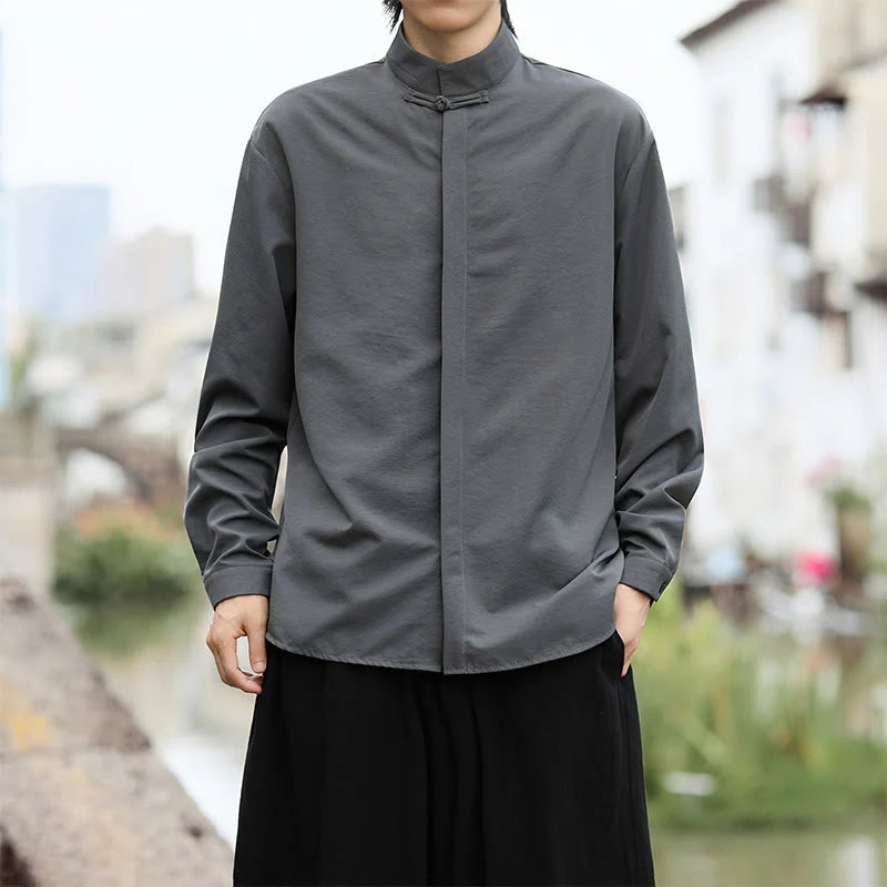Buddha Stones Solid Color One Frog-Button Long Sleeve Cotton Men's Shirt