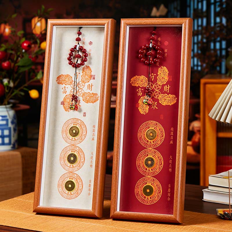 Buddha Stones Copper Coins Cinnabar Attract Fortune Blessing Photo Frame Ornament Home Decor