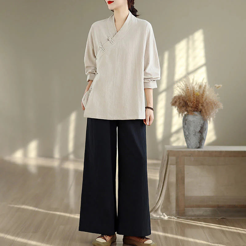 Buddha Stones 2Pcs V-Neck Long Sleeve Shirt Wide Leg Pants Zen Meditation Women's Set