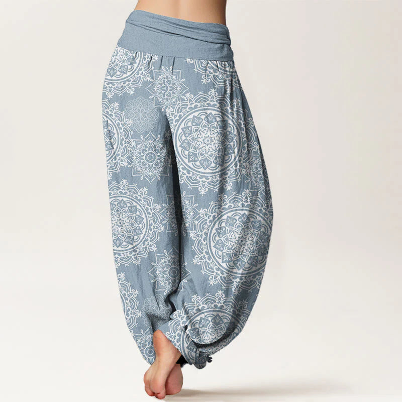 Buddha Stones Cotton Casual White Mandala Flower Design Women's Elastic Waist Harem Pants