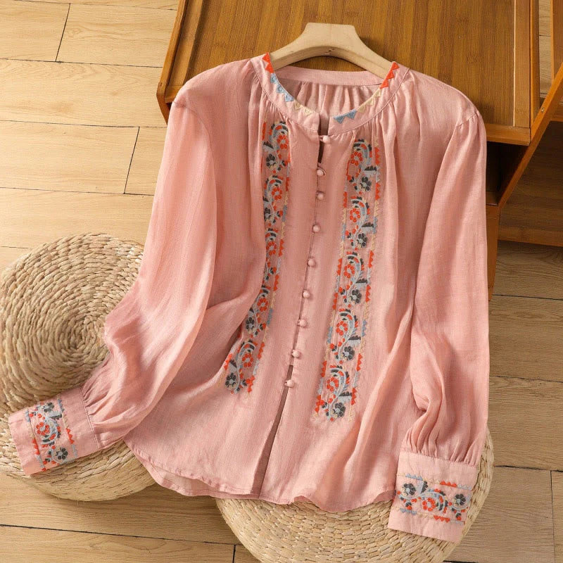 Buddha Stones Vintage Embroidery Single Row Multi-Button Placket Design Women's Cotton Linen Long Lantern Sleeve Shirt