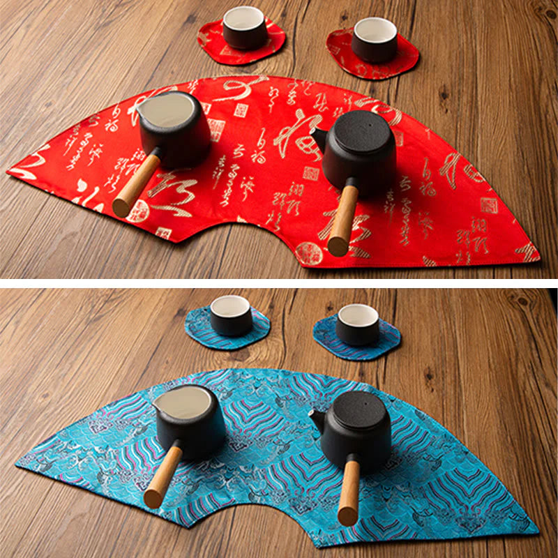 Buddha Stones Vintage Sea Wave Bamboo Plum Blossom Embroidered Cup Mat Pad Tea Cup Coaster Kung Fu Tea Mat