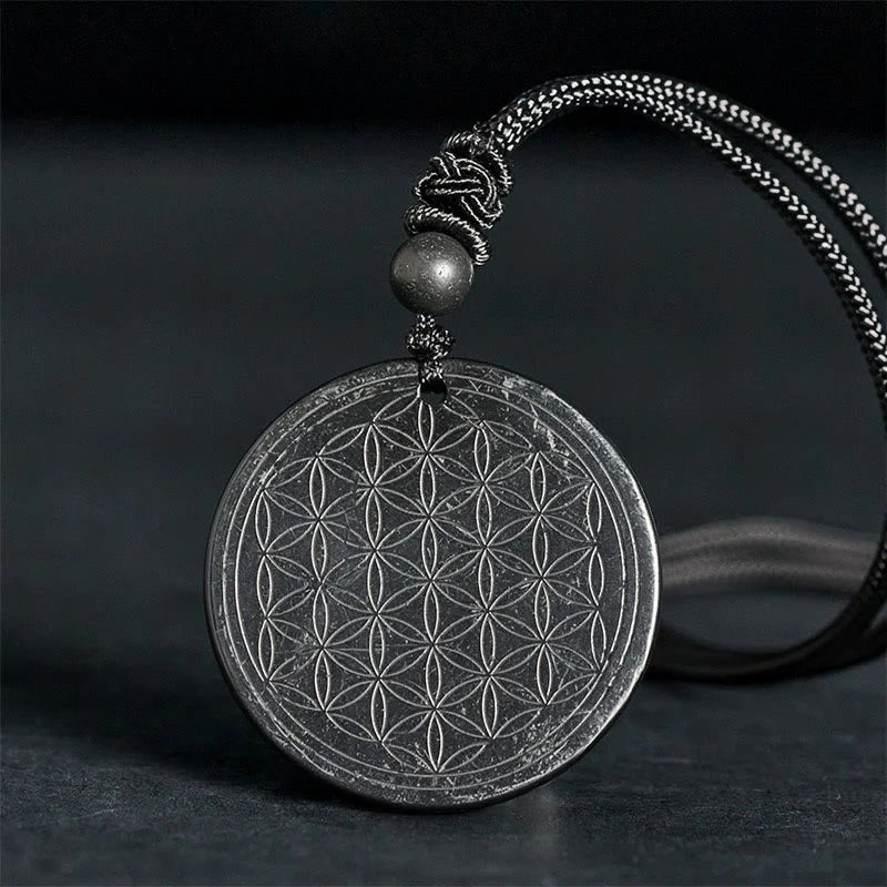 Buddha Stones Flower of Life Carving Design Authentic Shungite Stone Protection Necklace Pendant