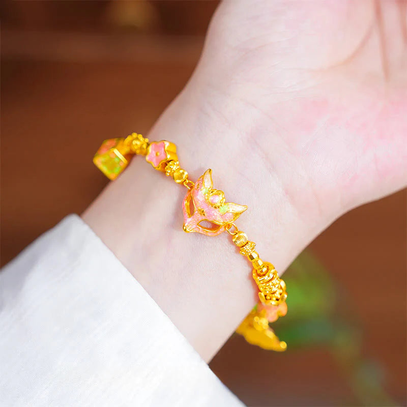 Buddha Stones 24k Gold Plated Brass Fox Fu Character Ruyi Charm Luck Bracelet