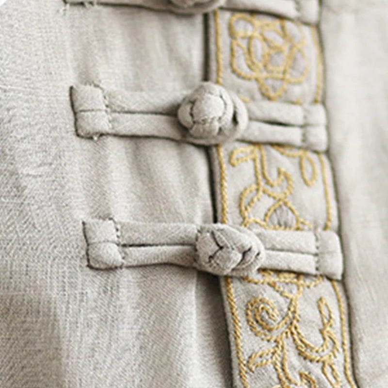 Buddha Stones Casual Women's Embroidered Flower Pattern Frog-Button Crew Neck Design Half Sleeve Cotton Linen Shirt