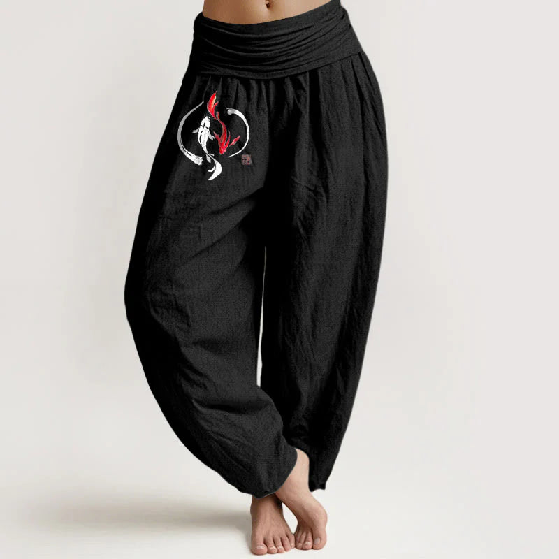 Buddha Stones Yin Yang Koi Fish Design Women's Elastic Waist Harem Pure Cotton Pants