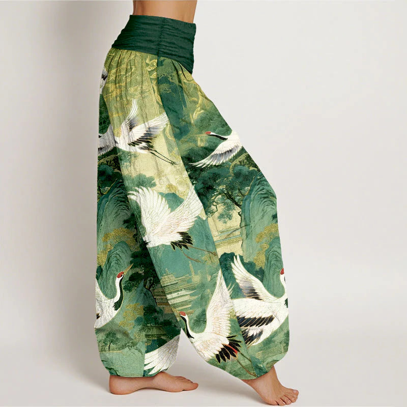 Buddha Stones Pure Cotton Gorgeous Crane Mountain Pine Tree Pattern Women's Elastic Waist Harem Pants