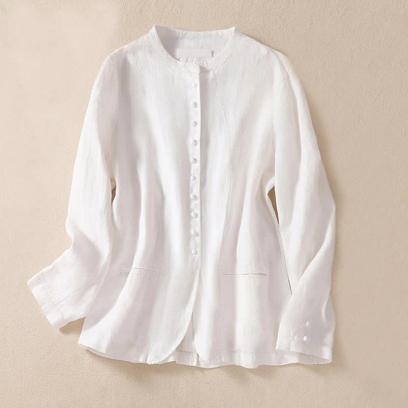 Buddha Stones Women's Cotton Linen Stand Collar Long Sleeve Shirt With Pockets