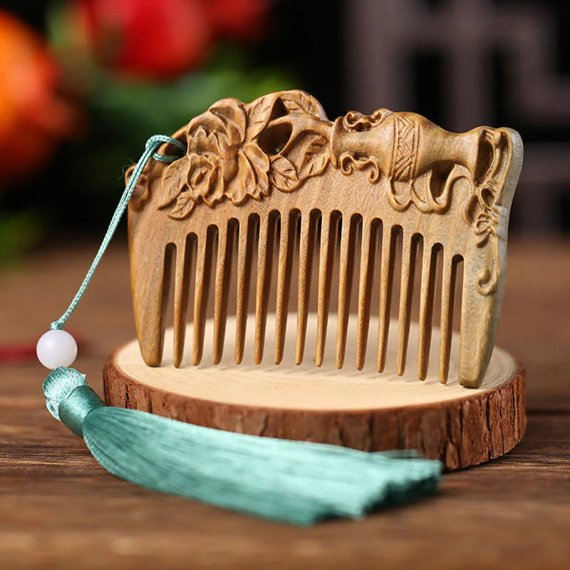 Buddha Stones Green Sandalwood Fox Peony Flower Lotus Engraved Cure Tassel Comb